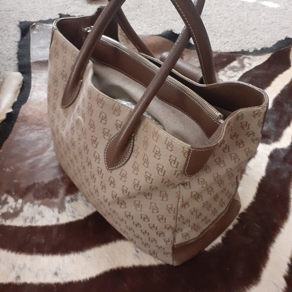Dooney & Bourke signature beige brown canvas leather trim satchel tote handbag